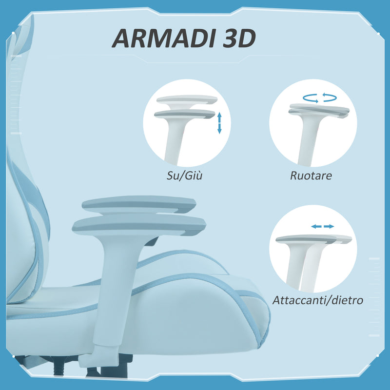 Sedia da Gaming Reclinabile 135° con Poggiatesta e Supporto Lombare 67x60x120-128 cm in Similpelle Azzurro