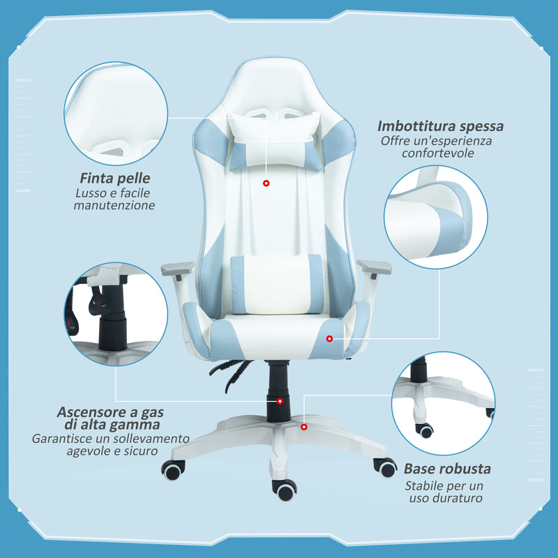 Sedia da Gaming Reclinabile 135° con Poggiatesta e Supporto Lombare 67x60x120-128 cm in Similpelle Azzurro