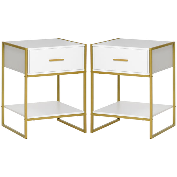 acquista Set 2 Comodini Moderni con Cassetto e Ripiano Aperto 45x40x60 cm in MDF e Acciaio Bianco e Oro