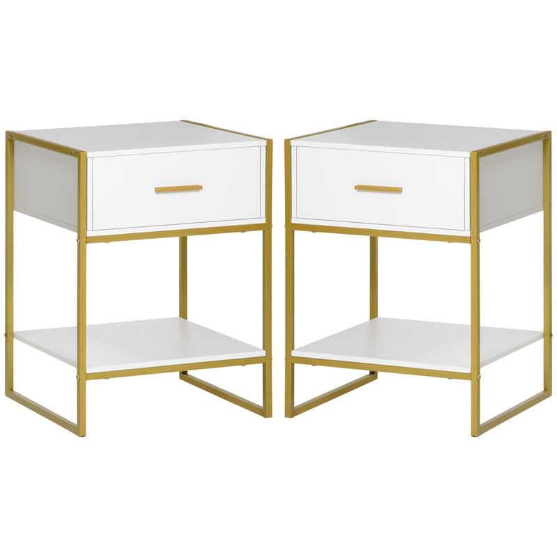 Set 2 Comodini Moderni con Cassetto e Ripiano Aperto 45x40x60 cm in MDF e Acciaio Bianco e Oro