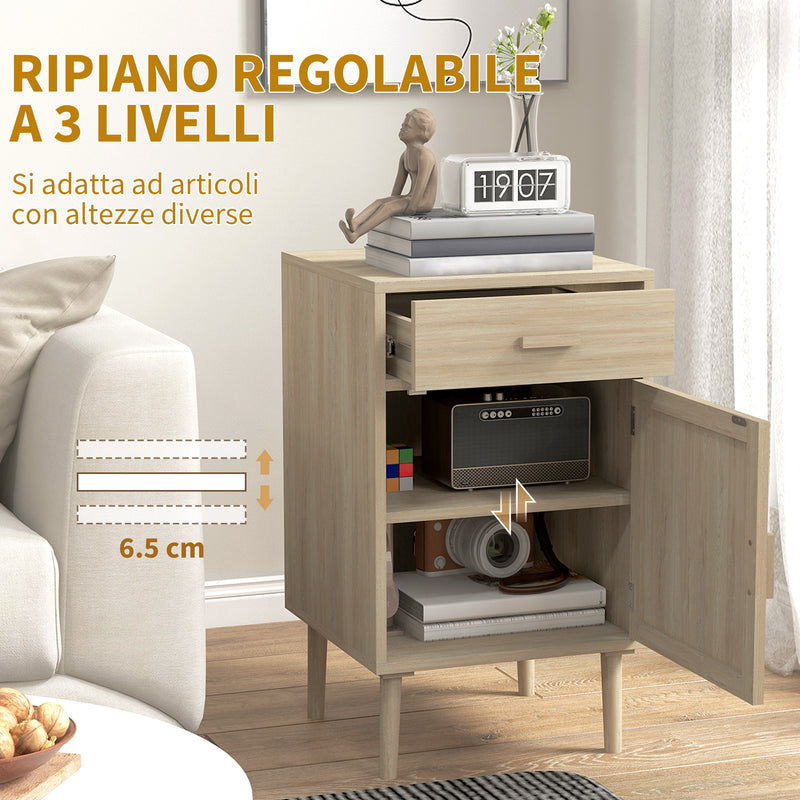 Set 2 Comodini per Camera da Letto con Cassetto e Anta 40x40x68,5 cm in Rattan Stile Boho Naturale