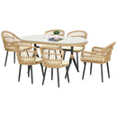 Set Tavolo con Vetro Temperato e 6 Sedie con Cuscini da Giardino in Acciaio e PE Rattan Naturale Nero e Beige