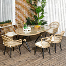 Set Tavolo con Vetro Temperato e 6 Sedie con Cuscini da Giardino in Acciaio e PE Rattan Naturale Nero e Beige