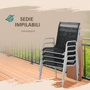 Set Tavolo con Top in Vetro 6 Sedie Impilabili da Giardino in Acciaio e Textilene Nero