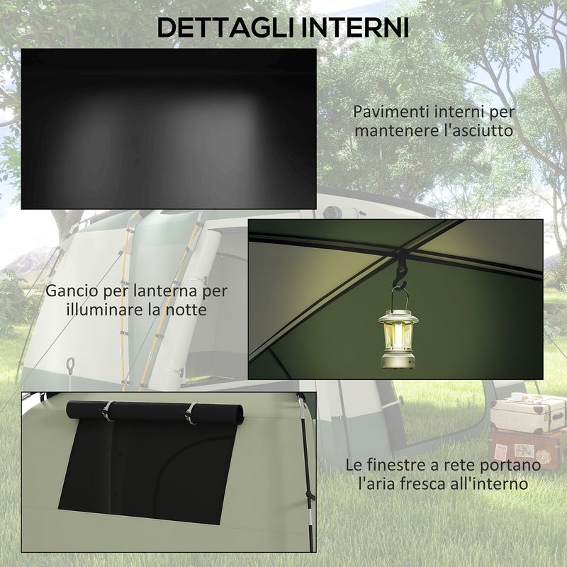Tenda da Campeggio 4 Posti Impermeabile con Zona Notte e Zona Giorno 460x300x200 cm in Poliestere Verde
