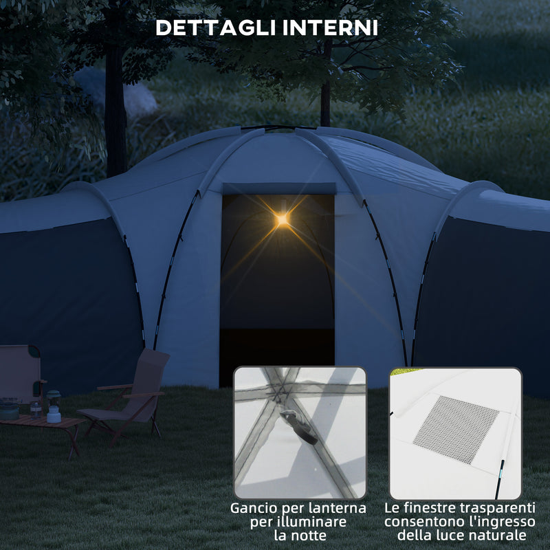 Tenda da Campeggio 6 Posti Impermeabile con 3 Aree Notte Soggiorno e Portico in tessuto Oxford Grigio