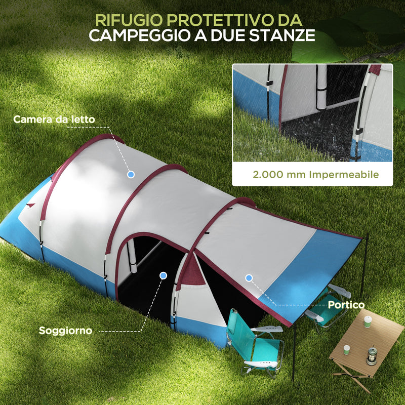 Tenda da Campeggio Impermeabile con 2 Aree e 3 Ingressi 420x200x150 cm in Poliestere e Fibra di Vetro Rosso