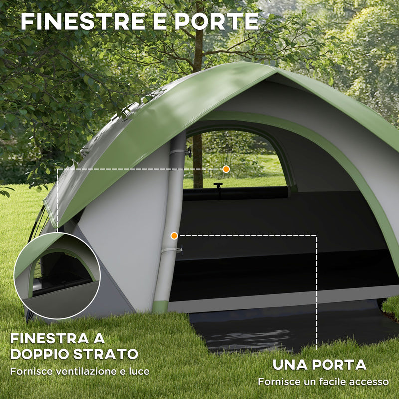 Tenda da Campeggio 2 Posti con Finestra a Rete 210x110x150 cm in Poliestere e Fibra di Vetro Grigio e Verde