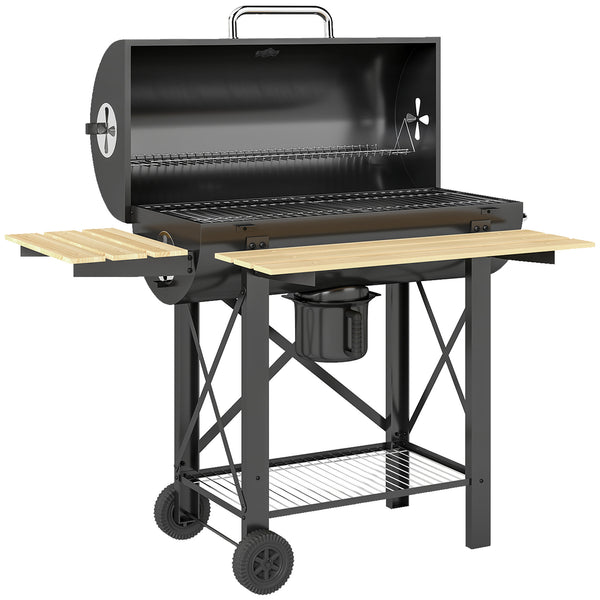 Barbecue a Carbone 109x71x98 cm con Griglia Mobile Ripiani Pieghevoli e Termometro in Acciaio e Legno Nero acquista