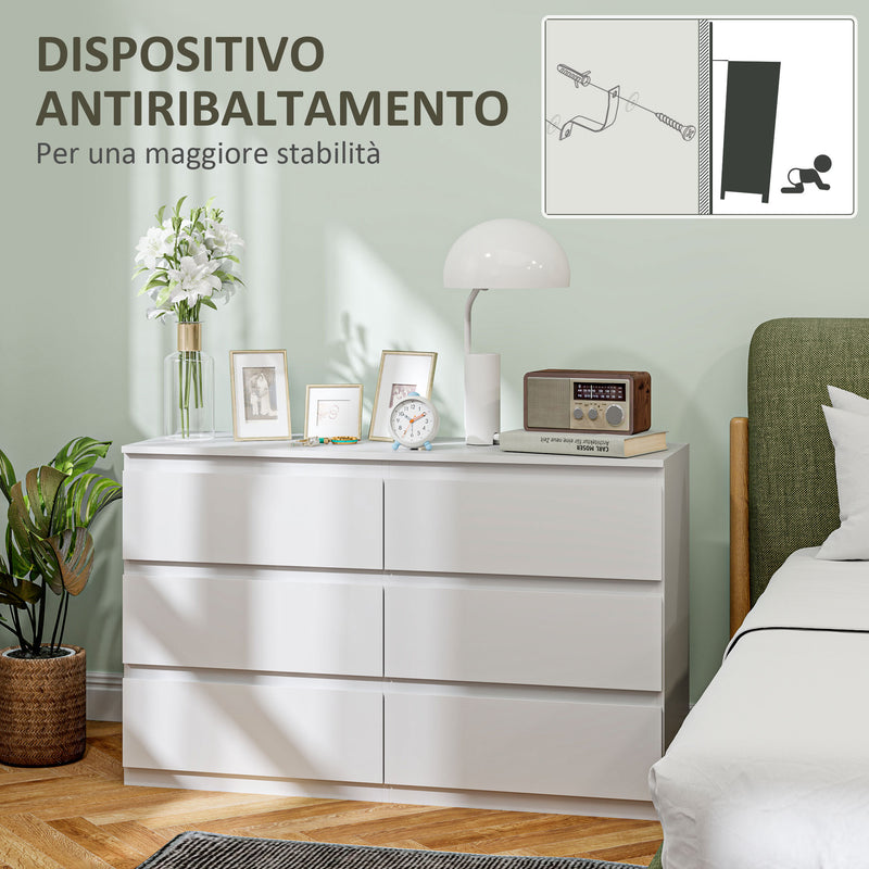 Comò Cassettiera 6 Cassetti 120x39x75 cm con Maniglie a Gola in Legno Bianco   
