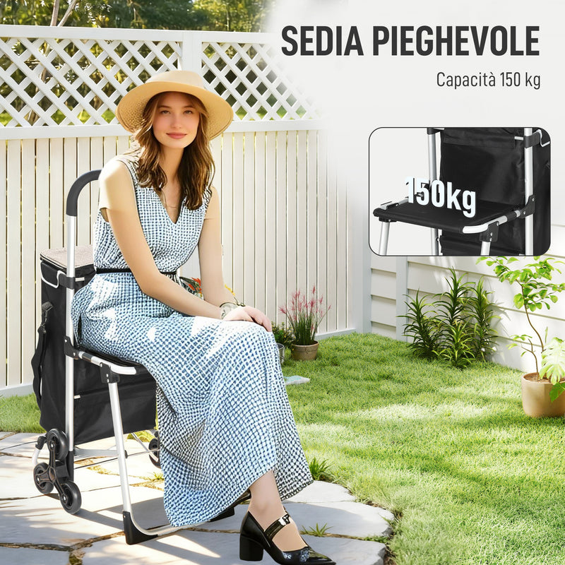 Carrello della Spesa 46x59.5x97 cm con Borsa da 40L Impermeabile e Sedile in Alluminio Nero e Argento      