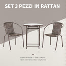 Set Tavolo e 2 Sedie Pieghevoli da Giardino in Acciaio e Rattan Marrone