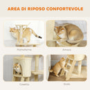 Albero Tiragraffi per Gatti 60x35x134 cm con Casetta Trespolo Piattaforme e 4 Topolini Appesi in Truciolato e Sisal Beige      