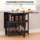 Tavolo Pieghevole 80-133x80x75 cm con Ruote Ribalte Laterali e Vani Aperti in Truciolato e Metallo Nero      