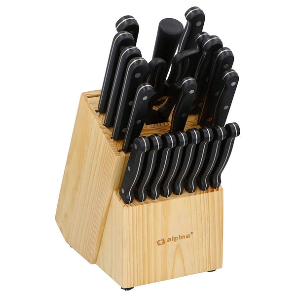 acquista Set Coltelli In Acciaio + Ceppo Portacoltelli Legno 22 Pezzi con Forbici Cucina Alpina
