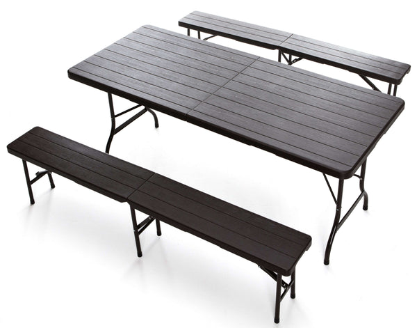 prezzo Jardin Pliant Bière en Fer Table 180x75 cm et 2 Bancs Taddei Plastik Bois Brun Foncé