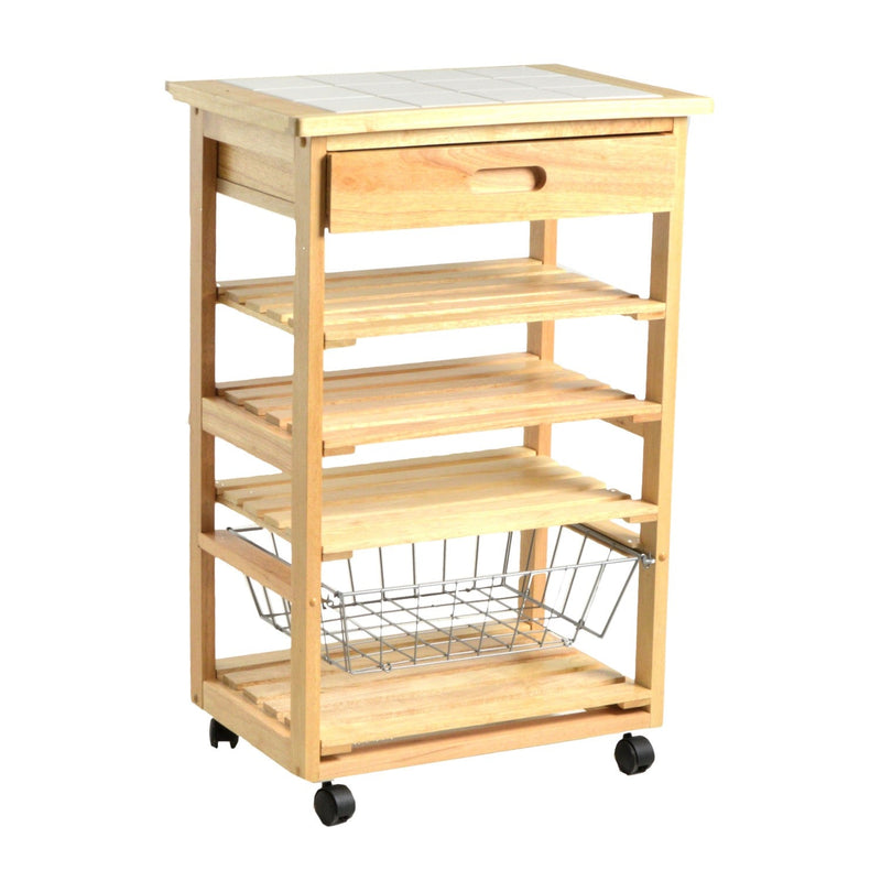 Carrello da Cucina in Legno della Gomma 3 Piani Cestello e Cassetto 63,5x44H91cm Adami