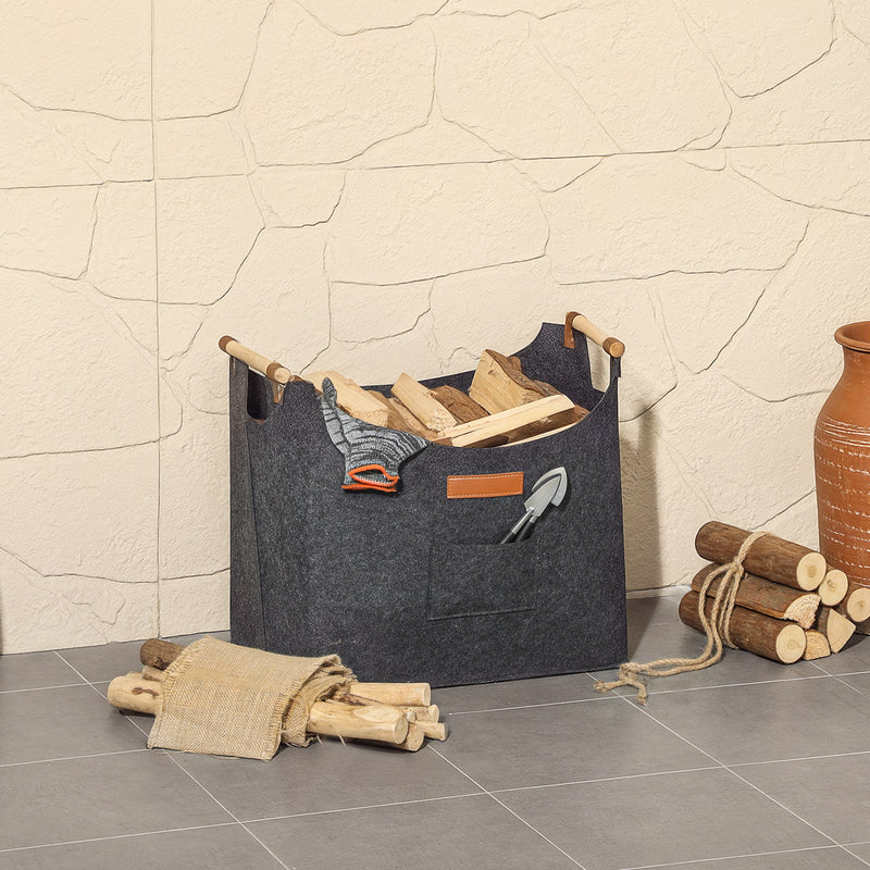 Borsa Portalegna da Interno con Manici in Legno 45x32x40 cm in Feltro Grigio Scuro       