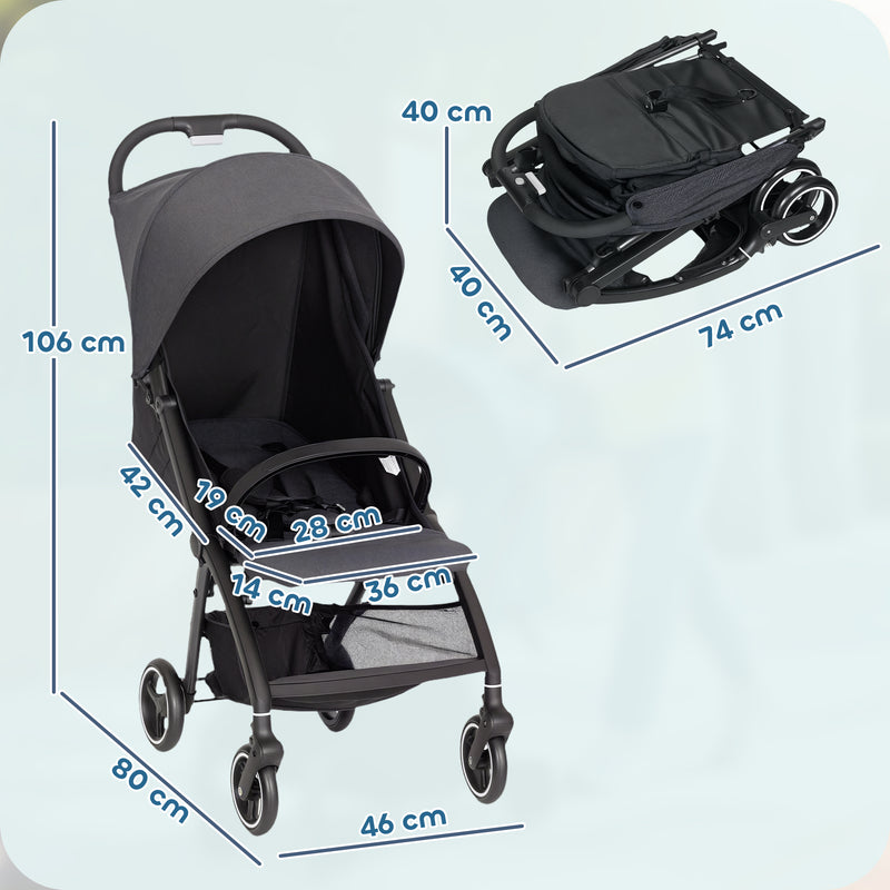 Passeggino per Bambini 0-3 Anni Pieghevole e Leggero Fino a 15 kg Chiusura a Una Mano in Tessuto Grigio Scuro      