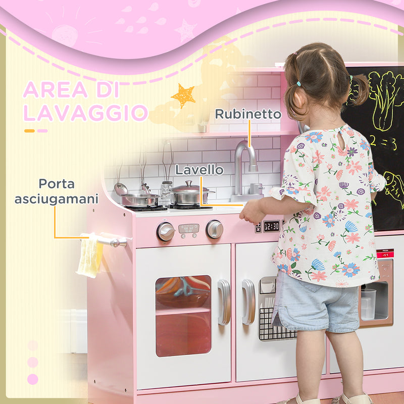 Cucina Giocattolo per Bambini 3-8 Anni con Fornelli Microonde Lavandino in Legno Rosa      