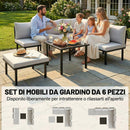 Set 6 Pezzi Mobili da Giardino Divano Angolare Poltrone con Cuscini e Tavolino in Metallo Grigio Chiaro      