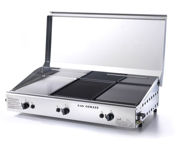 online Plaque de cuisson triple en fonte et acier avec gaz GPL et méthane Ompagrill Plancha Trio/1 Couvercle/M
