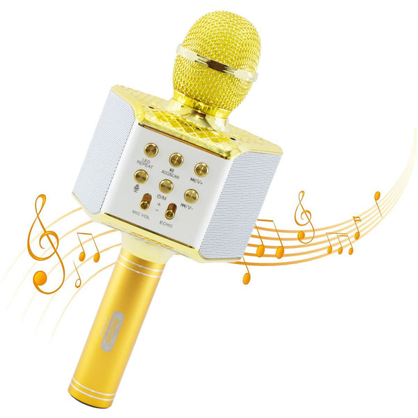 sconto Microphone de karaoké sans fil avec lumières LED pour enregistrer, chanter et jouer de la musique dorée