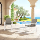 Set da Esterno 3 Pezzi Tavolo con Piano in Vetro e 2 Sedie con Cuscini Bianco   
