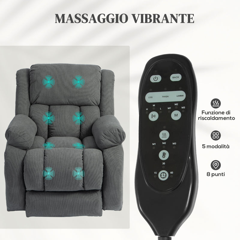 Poltrona Alzapersona Massaggiante e Reclinabile 93x104x105 cm con Telecomando in Tessuto Effetto Velluto Grigio  