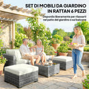 Set 6 Pezzi >Salotto da Giardino con Divano Modulare Tavolino e Cuscini in Rattan e Acciaio Grigio      