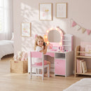 Set Toeletta Trucco Bambina 2 in 1 90x41x104 cm con Sgabello Specchio Luci a 2 Colori Cassetto e Ripiani in MDF Rosa      