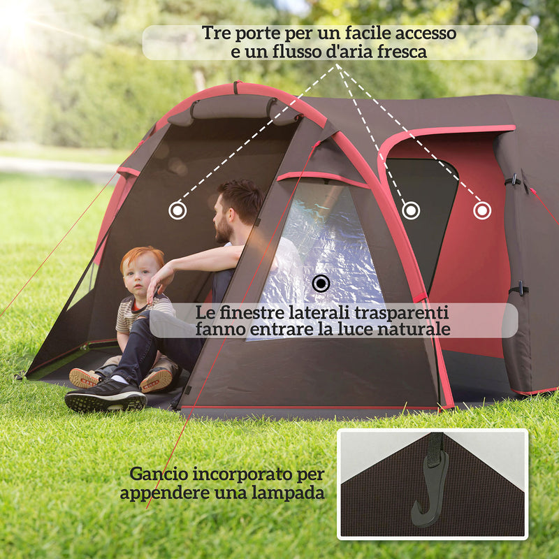 Tenda da Campeggio Impermeabile 360x250x130 cm da 2-4 Persone con Stanze Separate e Doppie Porte Grigio   