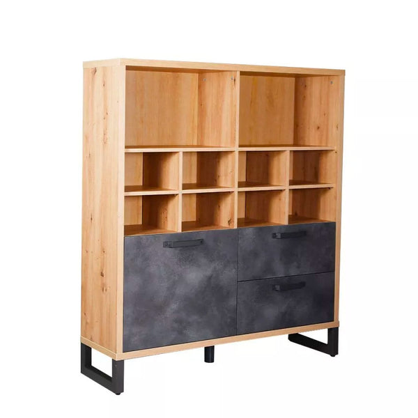sconto Bibliothèque 1 porte 2 tiroirs 131,6x35x147,2 cm en panneaux de particules mélaminés chêne et ardoise