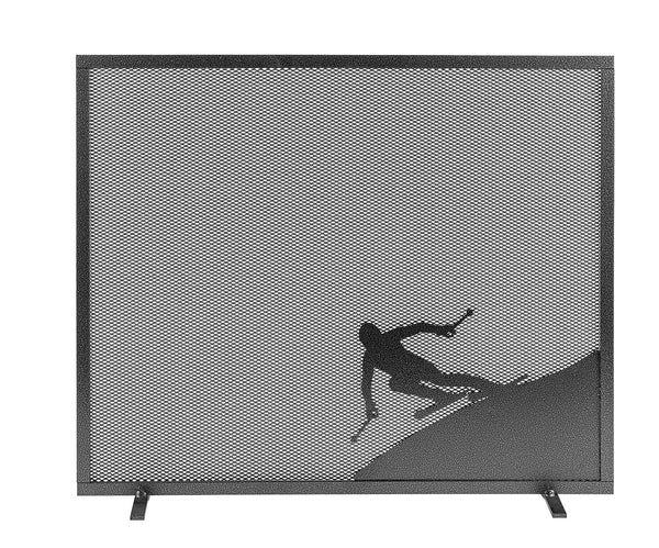 Parascintille per Camino a 1 Anta Design Sciatore 60x51 cm in Ferro Verniciato Grigio Martellato acquista