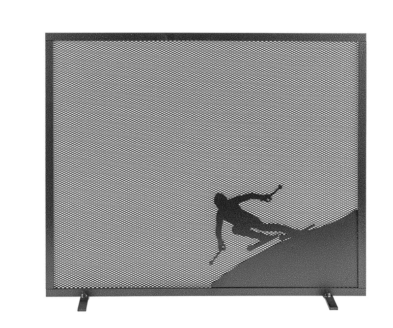 Parascintille per Camino a 1 Anta Design Sciatore 60x51 cm in Ferro Verniciato Grigio Martellato