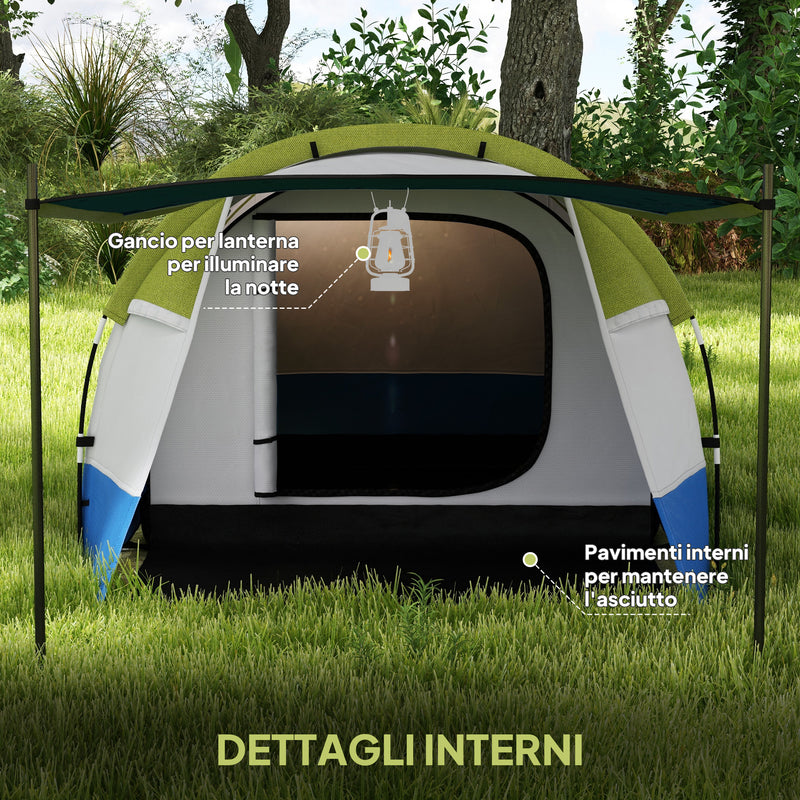 Tenda da Campeggio Impermeabile 420x200x150 cm con 2 Aree e 3 Ingressi in Poliestere e Fibra di Vetro Verde  