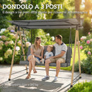 Dondolo 3 Posti da Giardino 208x125x180 cm con Tettoia Regolabile e Cuscino in Acciaio Texteline e Poliestere Grigio      