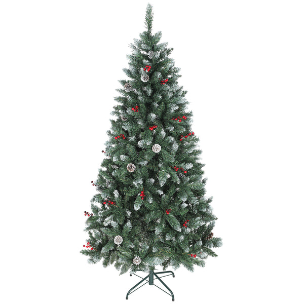 sconto Albero di Natale Alto 180 cm  con 620 Rami Pigne e Bacche Rosse con Base in Metallo Verde