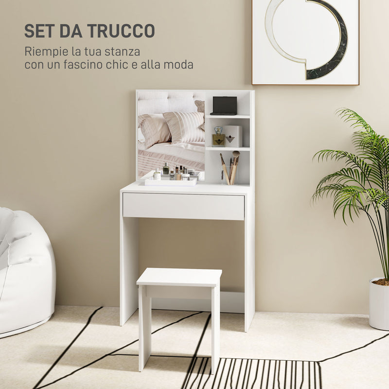 Consolle Trucco 75x40x137 cm con Sgabello e Ripiani a Giorno Bianco   