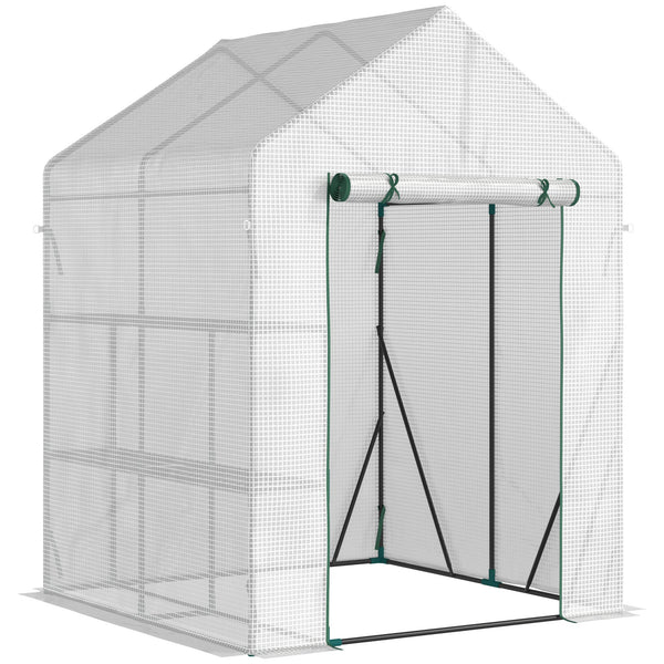 Serre de jardin avec 2 étagères 143x143x195cm Porte à enroulement blanche sconto