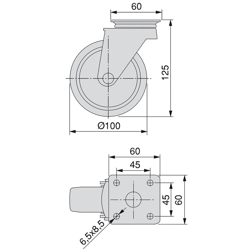 Kit 4 Ruote Slip per Carrello Ø10 cm con Piastra di Montaggio in Acciaio Emuca Grigi