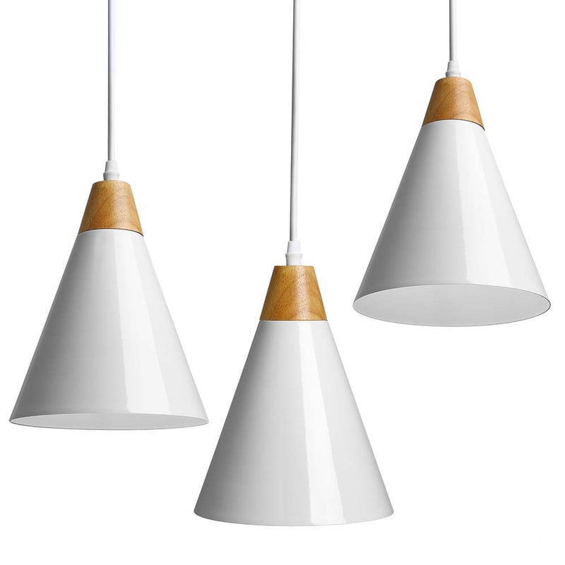 Set 3 Lampadari Sospensione Moderno Design Lampada Metallo Legno Bianco E27-1