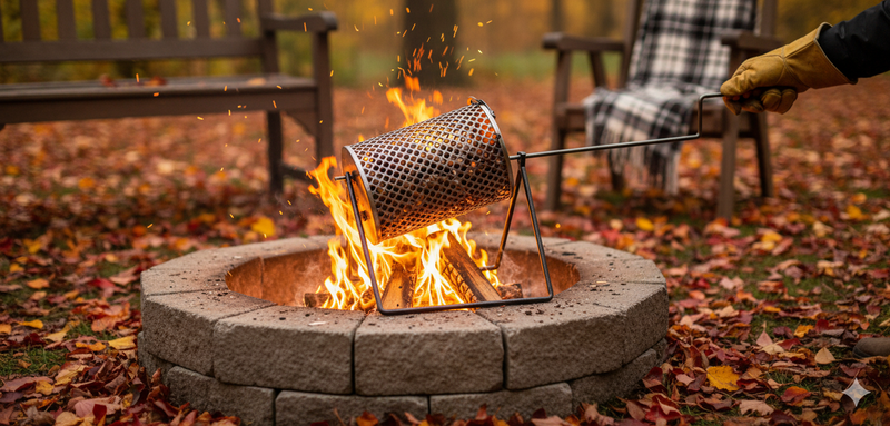 Padella per Castagne Girevole 85xØ18 cm con Supporto Rialzato in Acciaio
