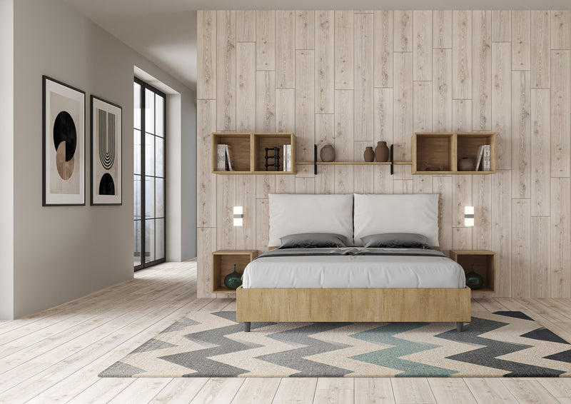 Letto Matrimoniale con Alzata Comoda Struttura Quercia con Cuscini in Similpelle Antea Bianco Varie Misure