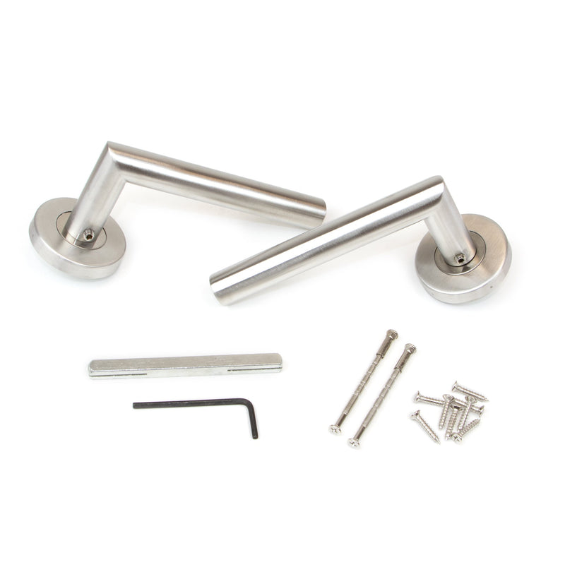 Maniglie per Porta da Interno con Rosetta Ø53 mm Modello L Recta Acciaio Nickel Satinato. Emuca