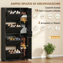 Scarpiera con Specchio 82x30x168 cm 4 Cassetti Ribalta e Armadietto 2 Ante in MDF Nero      