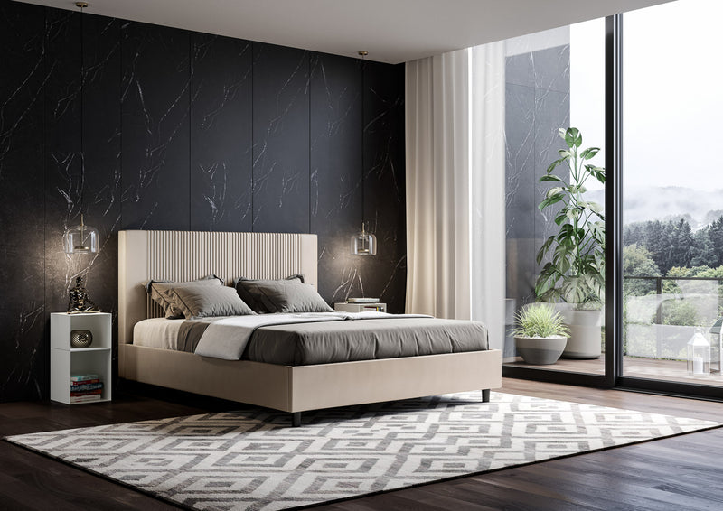 Letto Matrimoniale con Testata e Alzata Comoda Imbottito in Similpelle Goya Tortora Varie Misure