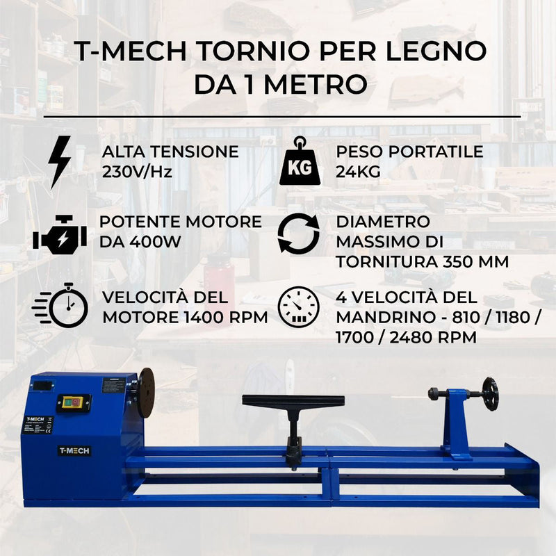 Tornio per Legno da Banco 400W 147x36x21 cm con 6 Scalpelli