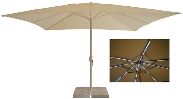 sconto Parasol de jardin 4x4 m mât Ø60 mm avec LED en aluminium bois de mélèze toile polyester ivoire