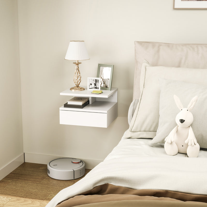 Comodino Sospeso per Camera da Letto 35x32x22,5 cm con Cassetto in Legno Bianco  